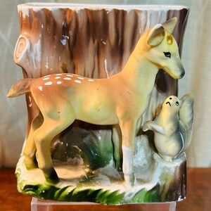 VTG Charming Deer and Squirrel Ceramic Art Piece with Planter